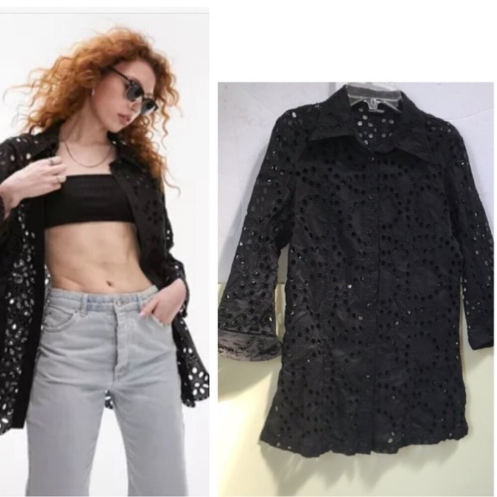 Samuel Dong Eyelet Embroidered Lace Cotton Shirt Tunic Buttons Slits Black Top S